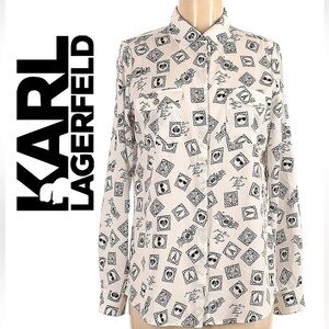 Karl Lagerfeld 🤍 XS Luxe Postage Stamp Print Blouse ✨ Designer Button Do…